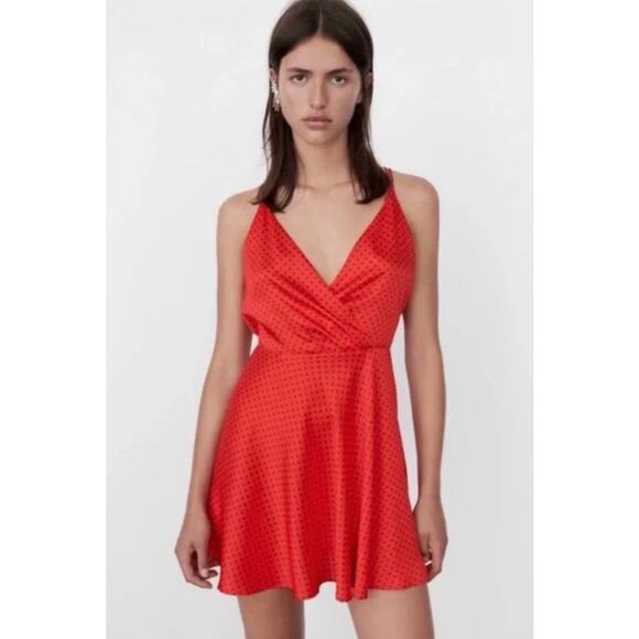 Zara Red Satin Polka Dot Open Back Mini Dress NWT Size Small - Picture 1 of 6